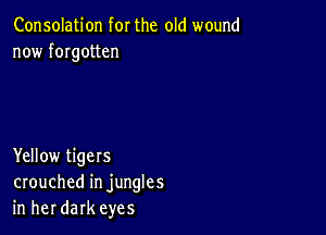 Consolation for the old wound
now fmgotten

Yellow tigers
crouched in jungles
in her dark eyes