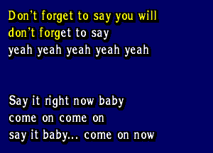 Don't forget to say you will
don't forget to say
yeah yeah yeah yeah yeah

Say it right now baby
come on come on
sayr it baby... come on now