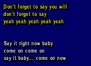 Don't forget to say you will
don't forget to say
yeah yeah yeah yeah yeah

Say it right now baby
come on come on
sayr it baby... come on now