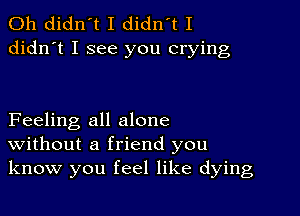 0h didn't I didn't I
didn't I see you crying

Feeling all alone
Without a friend you
know you feel like dying