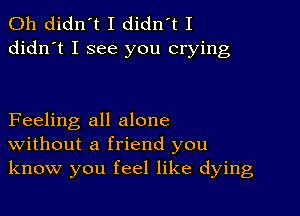 0h didn't I didn't I
didn't I see you crying

Feeling all alone
Without a friend you
know you feel like dying