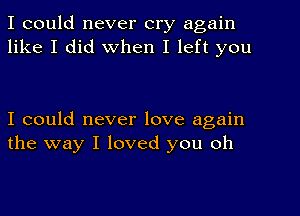 I could never cry again
like I did when I left you

I could never love again
the way I loved you oh