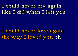 I could never cry again
like I did when I left you

I could never love again
the way I loved you oh