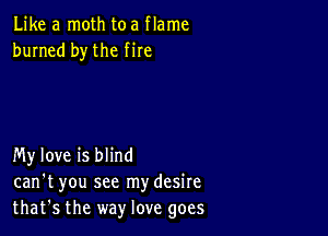 Like a moth toa flame
burned by the fire

My love is blind
can't you see mydesire
that's the way love goes