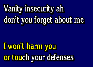 Vanity insecurity ah
donT you forget about me

lwodt harm you
or touch your defenses