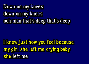 Down on my knees
down on my knees
ooh man that's deep that's deep

I knowjust how you feel because
mygirl she left me crying baby
she left me