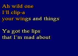 Ah wild one
I'll clip-a
your wings and things

Ya got the lips
that I'm mad about