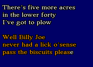 There's five more acres
in the lower forty
I've got to plow

XVell Billy Joe
never had a lick o'sense
pass the biscuits please