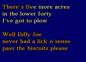 There's five more acres
in the lower forty
I've got to plow

XVell Billy Joe
never had a lick o'sense
pass the biscuits please