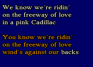 We know we're ridin'
on the freeway of love
in a pink Cadillac

You know we're ridin'
on the freeway of love
Wind's against our backs