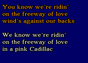 You know we're ridin'
on the freeway of love
Wind's against our backs

We know we're ridin'
on the freeway of love
in a pink Cadillac