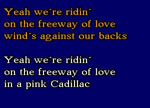 Yeah we're ridin'
on the freeway of love
Wind's against our backs

Yeah we're ridin'
on the freeway of love
in a pink Cadillac