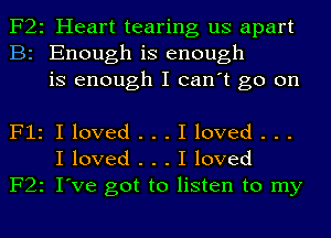 F22 Heart tearing us apart
B2 Enough is enough
is enough I can't go on

F12 I loved . . . I loved . . .
I loved . . . I loved
F22 I've got to listen to my