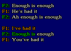 F21
F12
F22

F12
F22
F12

Enough is enough
He's had it
Ah enough is enough

I've had it
Enough is enough
YouVe had it