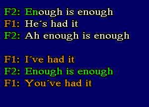 F21
F12
F22

F12
F22
F12

Enough is enough
He's had it
Ah enough is enough

I've had it
Enough is enough
YouVe had it