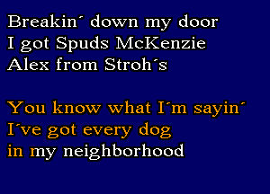 Breakin' down my door
I got Spuds McKenzie
Alex from Stroh's

You know what I'm sayin'
I've got every dog
in my neighborhood