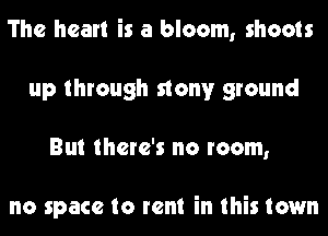 The heart is a bloom, shoots
up through nonv ground
But there's no room,

no space to rent in this town