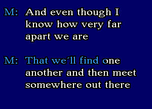 M2 And even though I
know how very far
apart we are

M2 That we'll find one
another and then meet
somewhere out there