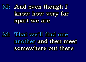 M2 And even though I
know how very far
apart we are

M2 That we'll find one
another and then meet
somewhere out there