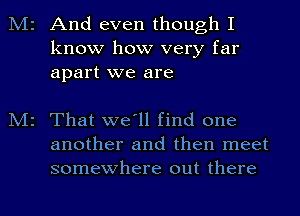 M2 And even though I
know how very far
apart we are

M2 That we'll find one
another and then meet
somewhere out there