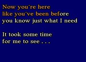 Now you're here
like you've been before
you know just what I need

It took some time
for me to see . . .