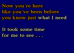 Now you're here
like you've been before
you know just what I need

It took some time
for me to see . . .