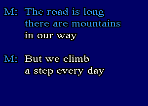 M2 The road is long

there are mountains
in our way

But we climb
a step every day