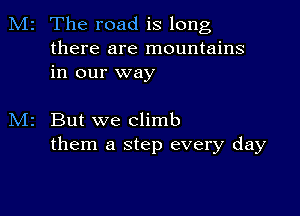 M2 The road is long

there are mountains
in our way

But we climb
them a step every day