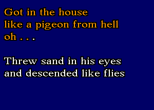 Got in the house

like a pigeon from hell
oh . . .

Threw sand in his eyes
and descended like flies