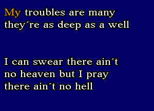 My troubles are many
they're as deep as a well

I can swear there ain't
no heaven but I pray
there ain't no hell