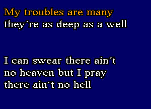 My troubles are many
they're as deep as a well

I can swear there ain't
no heaven but I pray
there ain't no hell