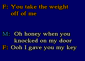 F2 You take the weight
off of me

N12 Oh honey when you
knocked on my door
F2 Ooh I gave you my key