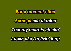 For a moment I find
Some peace of mind

That my heart is stealin'

Looks like 1m Iivin' it up