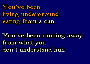 You've been

living underground
eating from a can

You've been running away
from what you

don't understand huh