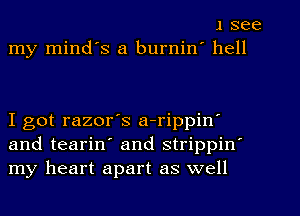 1 see
my mind's a burnin' hell

I got razor's a-rippin
and tearin and strippin'
my heart apart as well