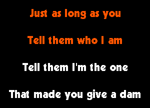 Just as long as you
Tell them who I am

Tell them I'm the one

That made you give a dam