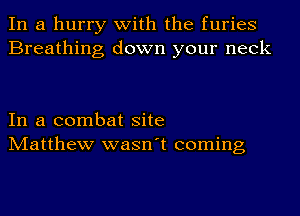 In a hurry with the furies
Breathing down your neck

In a combat site
Matthew wasn't coming