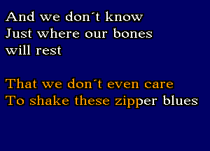 And we don't know
Just where our bones
will rest

That we don't even care
To shake these zipper blues