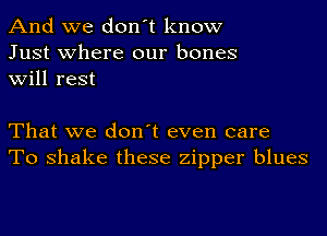 And we don't know
Just where our bones
will rest

That we don't even care
To shake these zipper blues