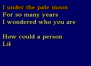 I under the pale moon
For so many years
I wondered who you are

How could a person
Lil-