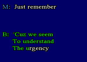 M2 Just remember

B2 'Cuz we seem
To understand
The urgency