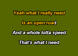 Yeah what I reauy need

15 an open road

And a whole lotta speed

That's what I need