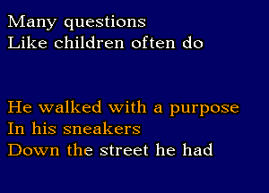 Many questions
Like children often do

He walked with a purpose
In his sneakers
Down the street he had