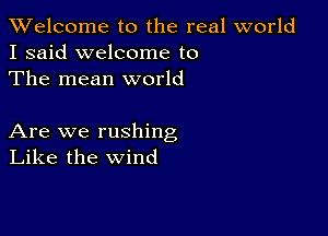 TWelcome t0 the real world
I said welcome to
The mean world

Are we rushing
Like the wind