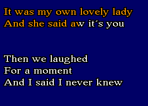 It was my own lovely lady
And she said aw it's you

Then we laughed
For a moment
And I said I never knew