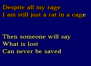 Despite all my rage
I am still just a rat in a cage

Then someone will say
What is lost
Can never be saved