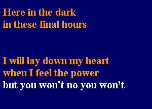 Here in the dark
in these final hours

I will lay down my head
when I feel the power
but you won't no you won't