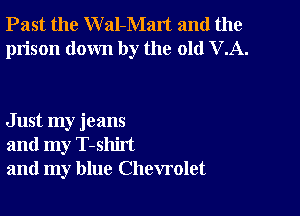 Past the W al-Malt and the
prison down by the old VA.

Just my jeans
and my T-shirt
and my blue Chevrolet