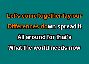 Let's come together lay our
Differences down spread it
All around for that's

What the world needs now