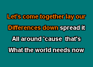 Let's come together lay our
Differences down spread it
All around 'cause that's

What the world needs now